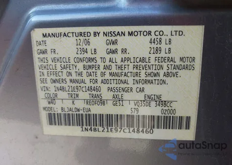 2007 Nissan Altima 3.5 Se z USA, uszkodzony, nr VIN 1N4BL21E97C148460